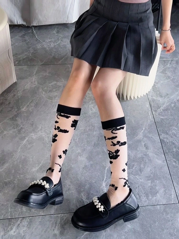 Knee High Style Transparent Organza Sexy Women Custom Black Knitting Design Fashion Wholesale Cheap Girl Long Sock